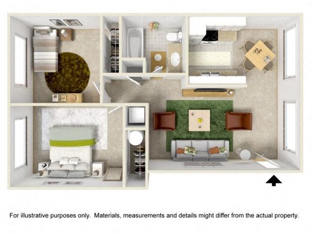 Floor plan for 2 beds, 1 bath, 699 sqft