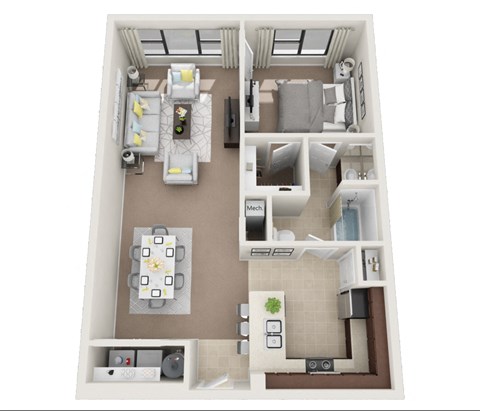 Floor plan for 1 bed, 1 bath, 840 sqft