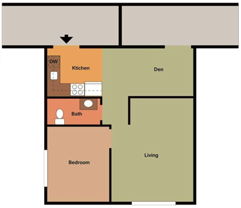 Floor plan for 1 bed, 1 bath, 775 sqft