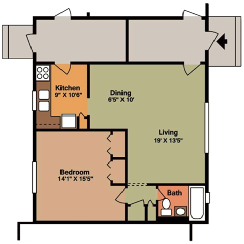 Floor plan for 1 bed, 1 bath, 675 sqft
