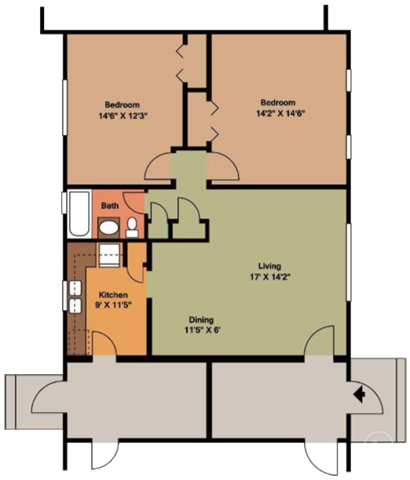 Floor plan for 2 beds, 1 bath, 875 sqft