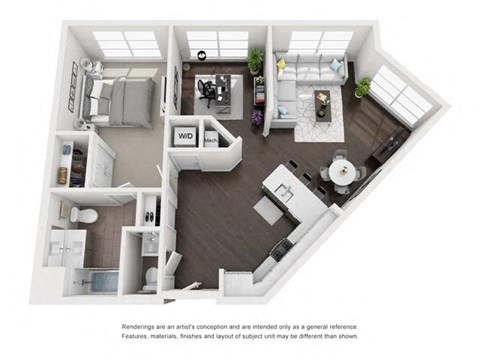 Floor plan for 1 bed, 1 bath, 955 sqft