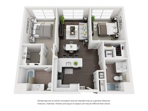 Floor plan for 2 beds, 2 baths, 988 sqft