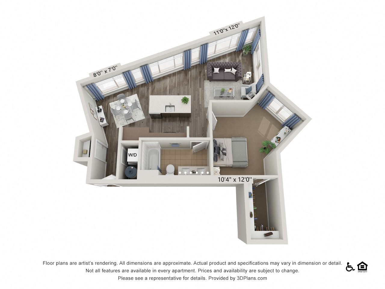 Floor plan for 1 bed, 1 bath, 780 sqft