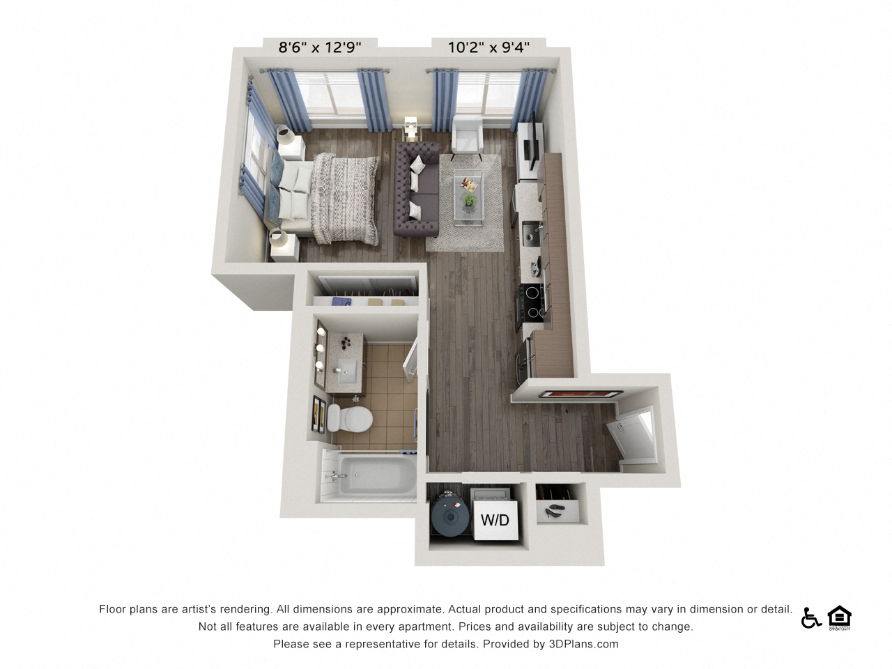 Floor plan for studio, 1 bath, 466 sqft
