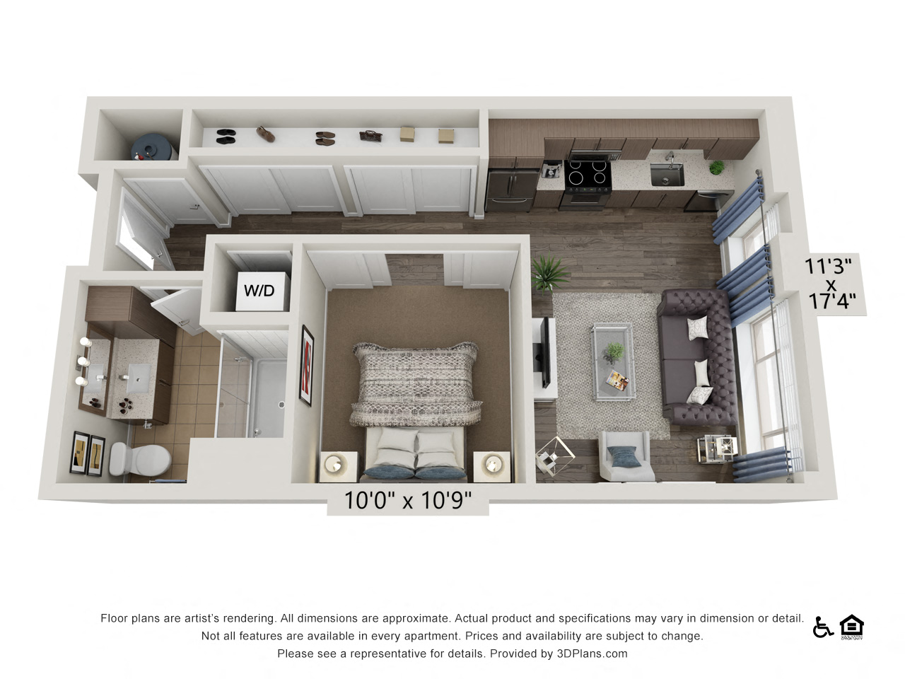Floor plan for studio, 1 bath, 588 sqft