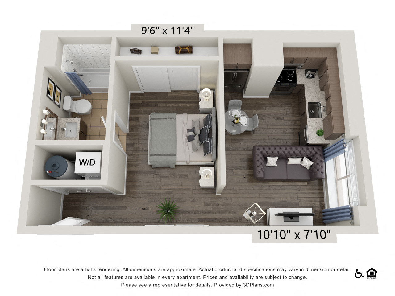 Floor plan for studio, 1 bath, 520 sqft