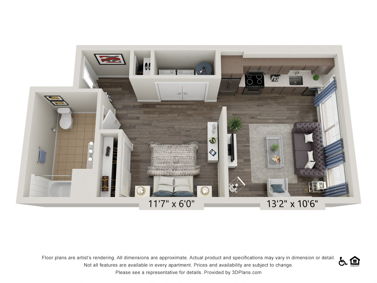Floor plan for studio, 1 bath, 620 sqft