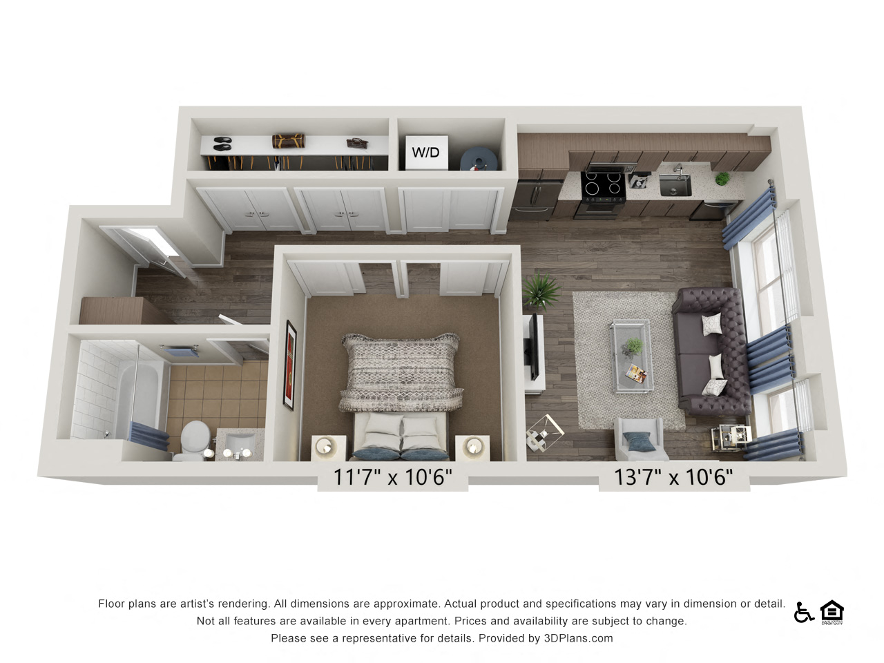 Floor plan for studio, 1 bath, 620 sqft