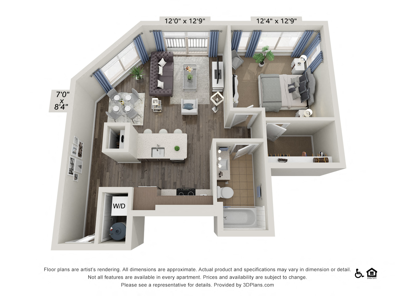 Floor plan for 1 bed, 1 bath, 720 sqft