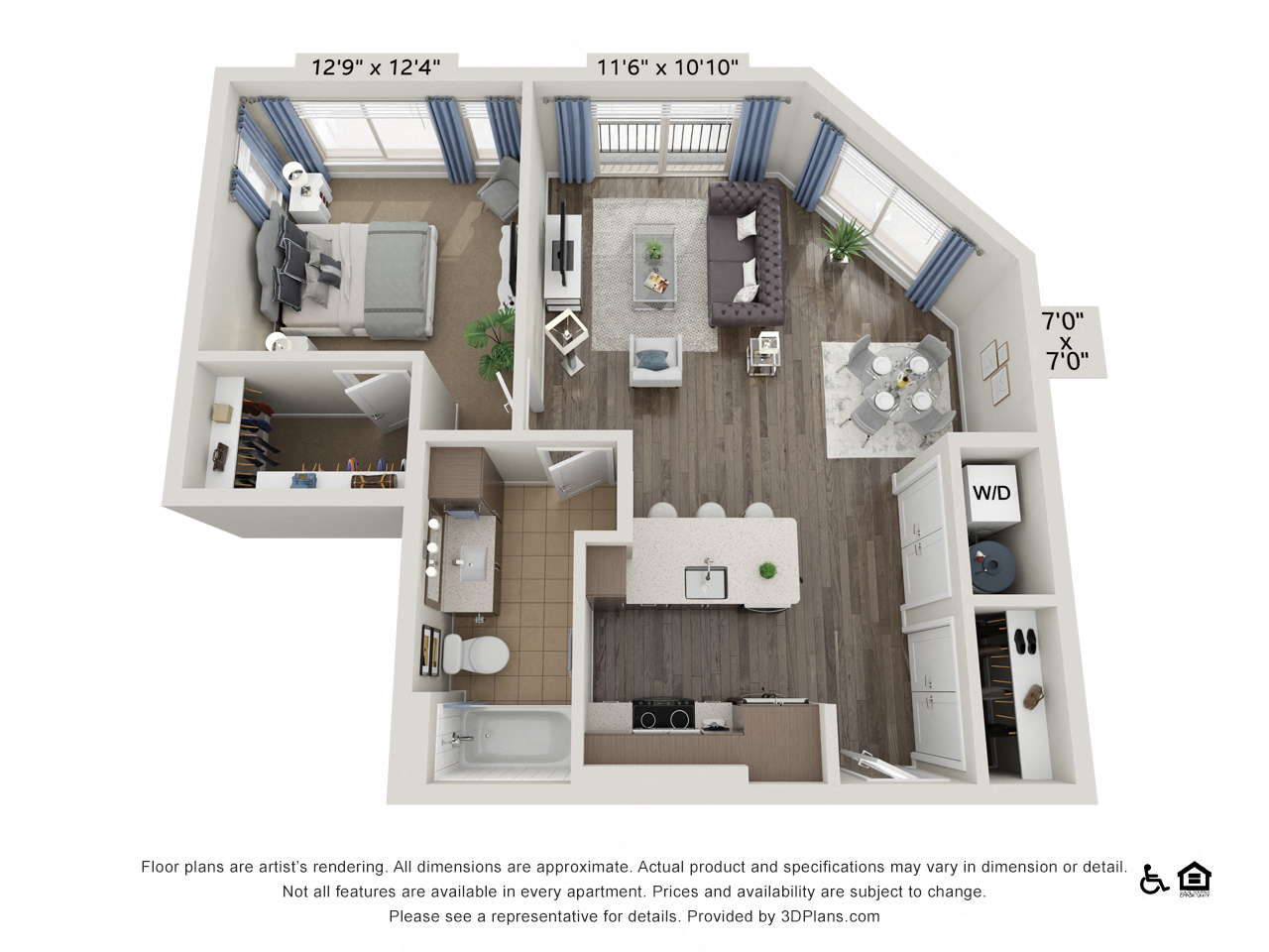 Floor plan for 1 bed, 1 bath, 760 sqft