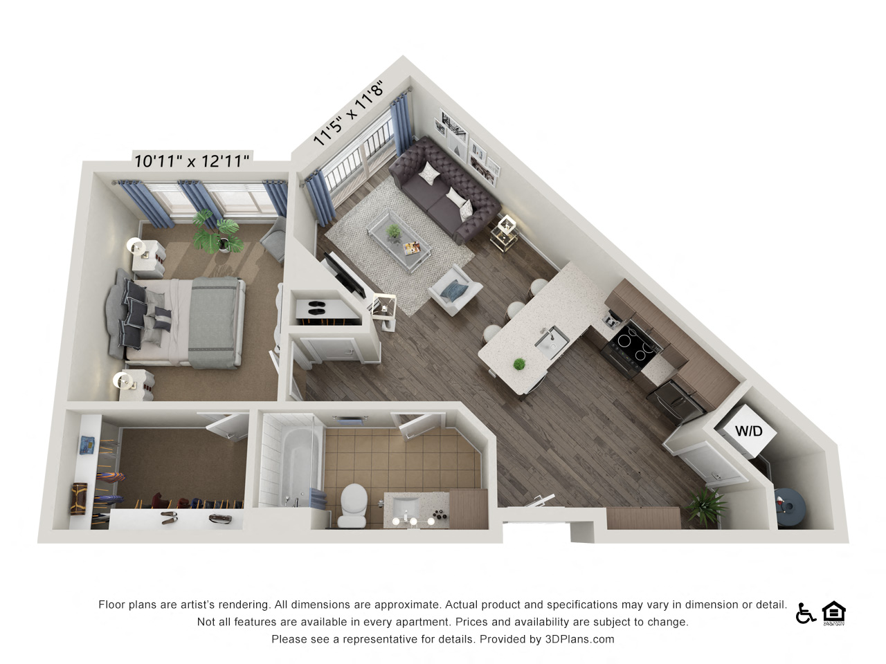 Floor plan for 1 bed, 1 bath, 753 sqft