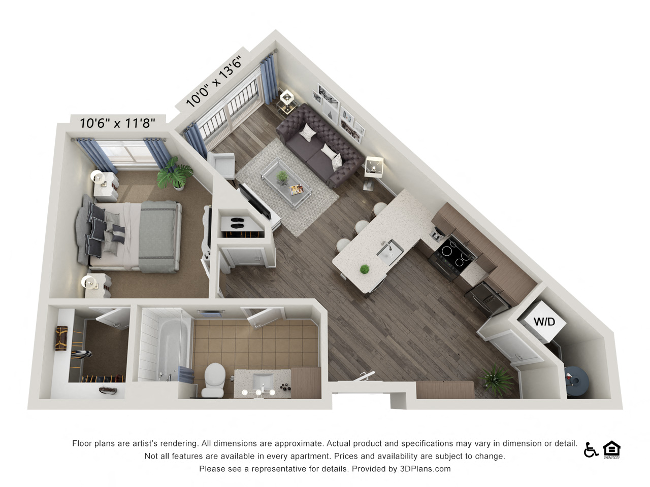 Floor plan for 1 bed, 1 bath, 667 sqft