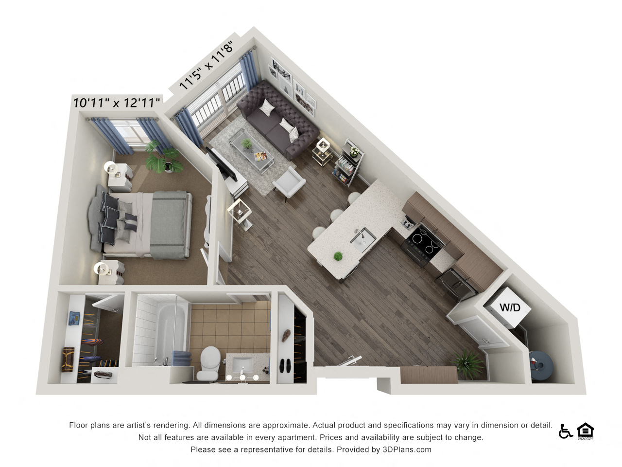Floor plan for 1 bed, 1 bath, 661 sqft