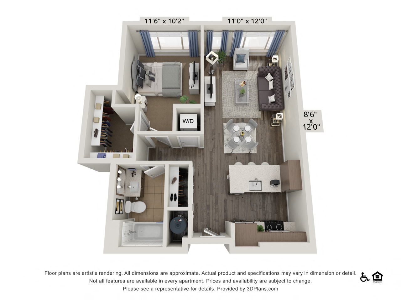 Floor plan for 1 bed, 1 bath, 735 sqft