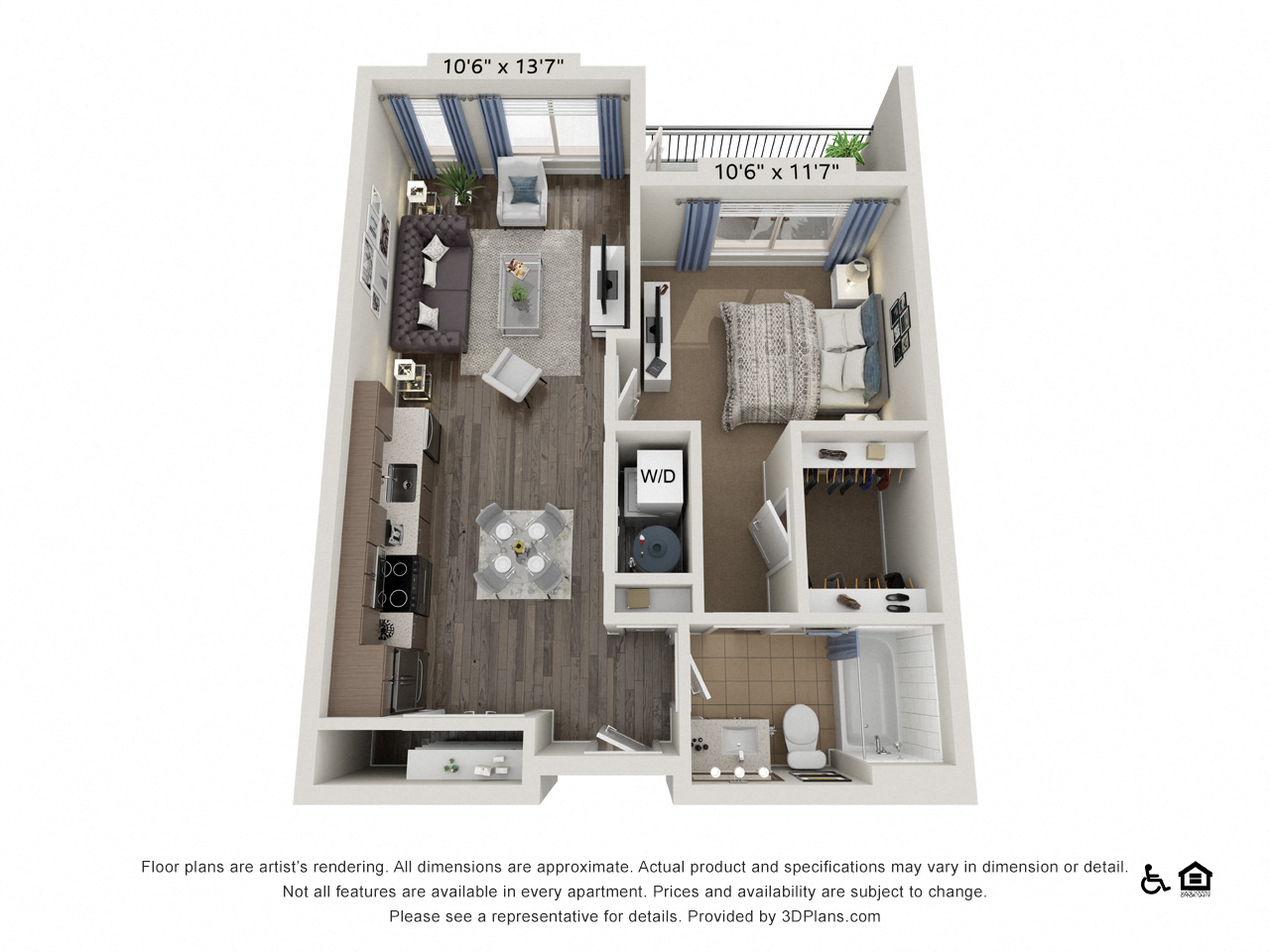 Floor plan for 1 bed, 1 bath, 653 sqft