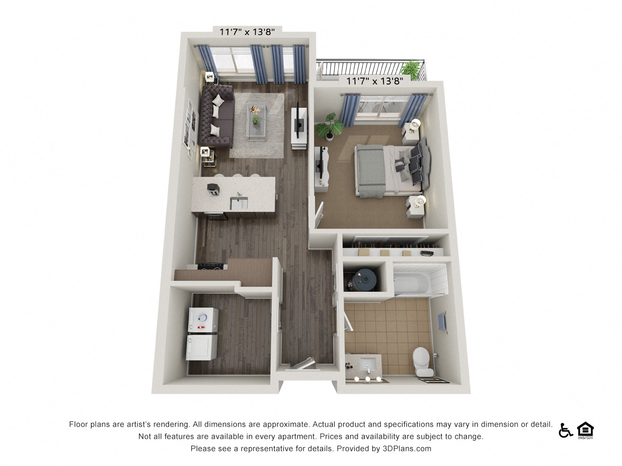 Floor plan for 1 bed, 1 bath, 723 sqft