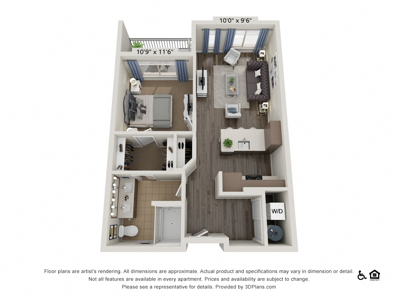 Floor plan for 1 bed, 1 bath, 723 sqft
