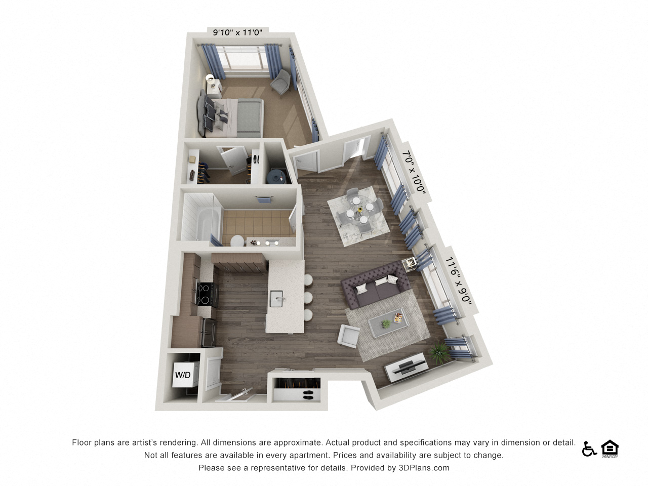 Floor plan for 1 bed, 1 bath, 771 sqft