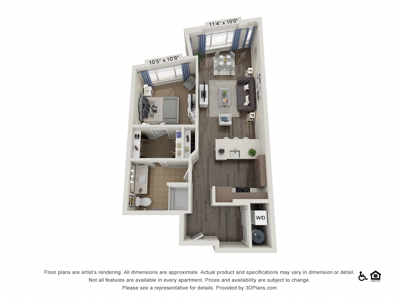 Floor plan for 1 bed, 1 bath, 790 sqft
