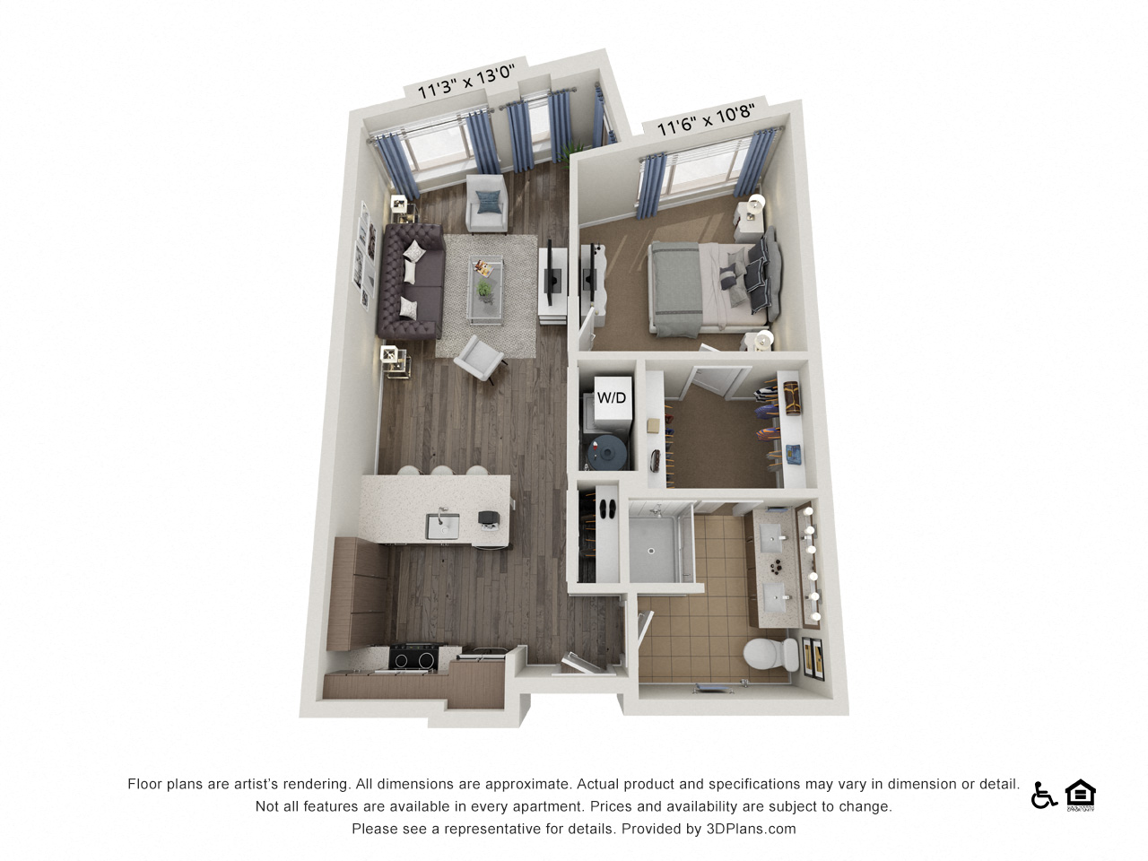 Floor plan for 1 bed, 1 bath, 735 sqft