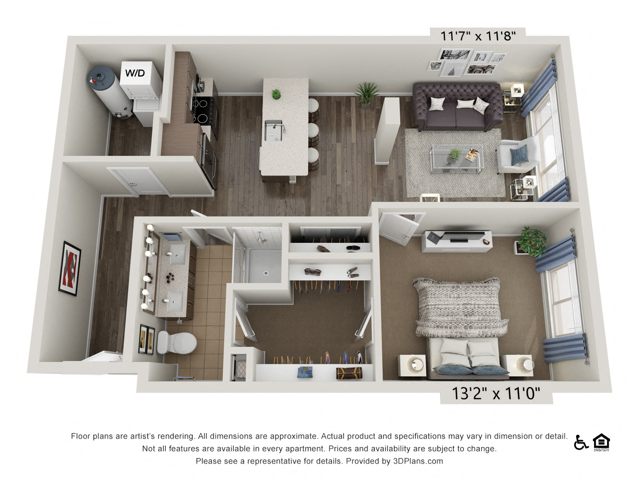 Floor plan for 1 bed, 1 bath, 785 sqft