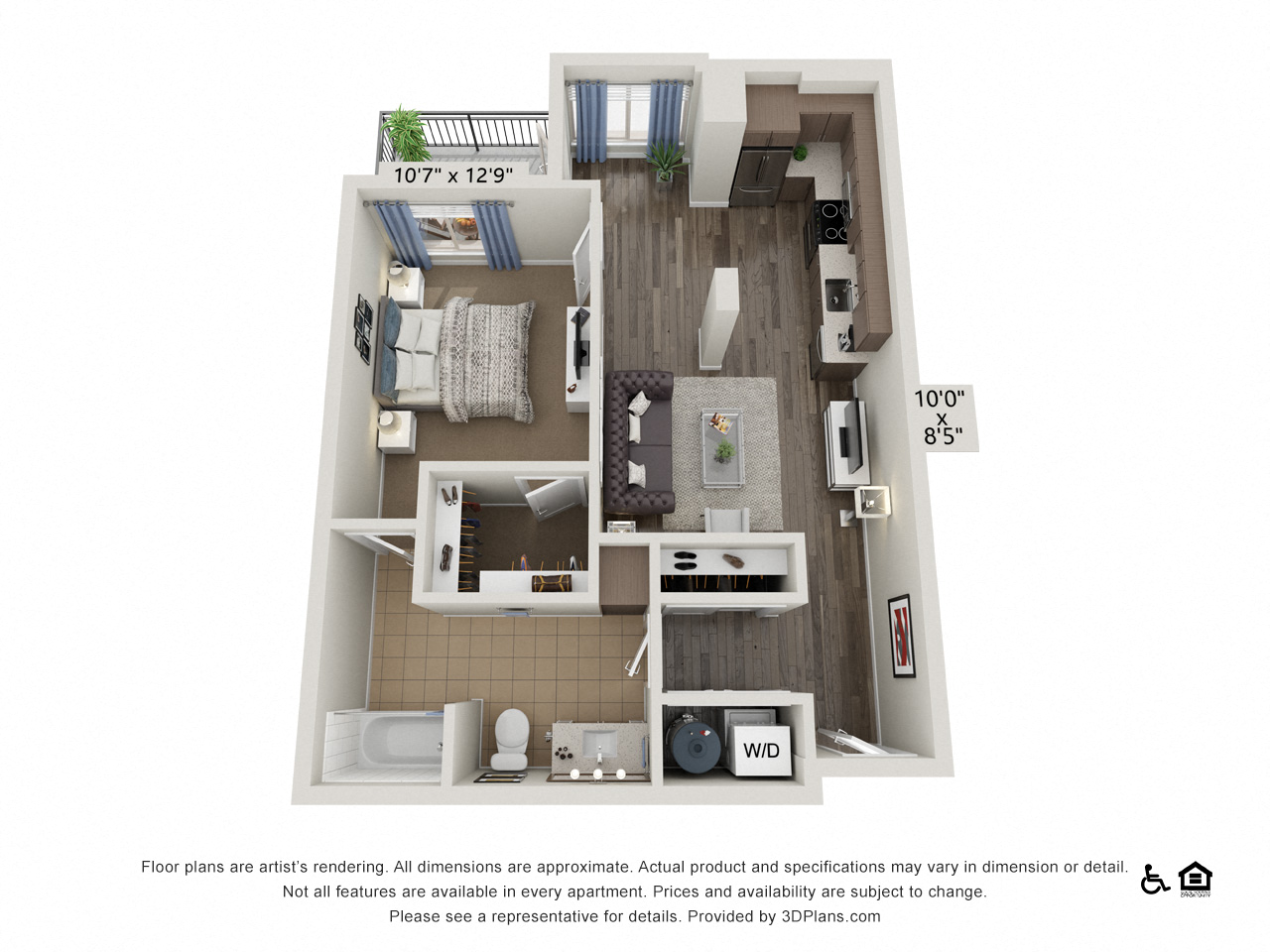 Floor plan for 1 bed, 1 bath, 736 sqft