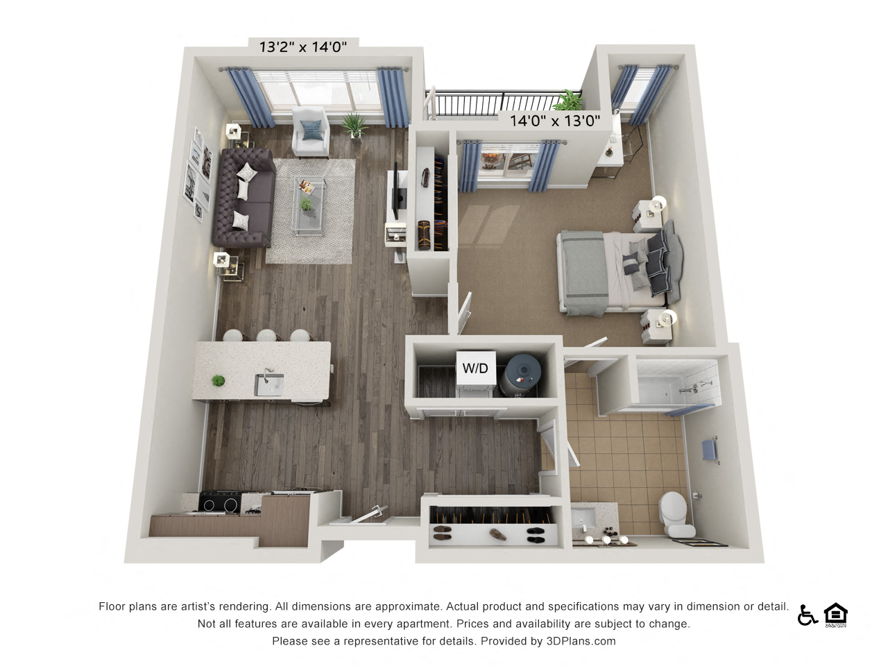 Floor plan for 1 bed, 1 bath, 866 sqft