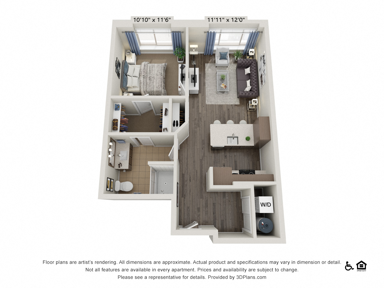 Floor plan for 1 bed, 1 bath, 675 sqft