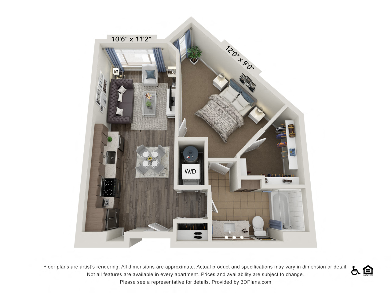 Floor plan for 1 bed, 1 bath, 625 sqft