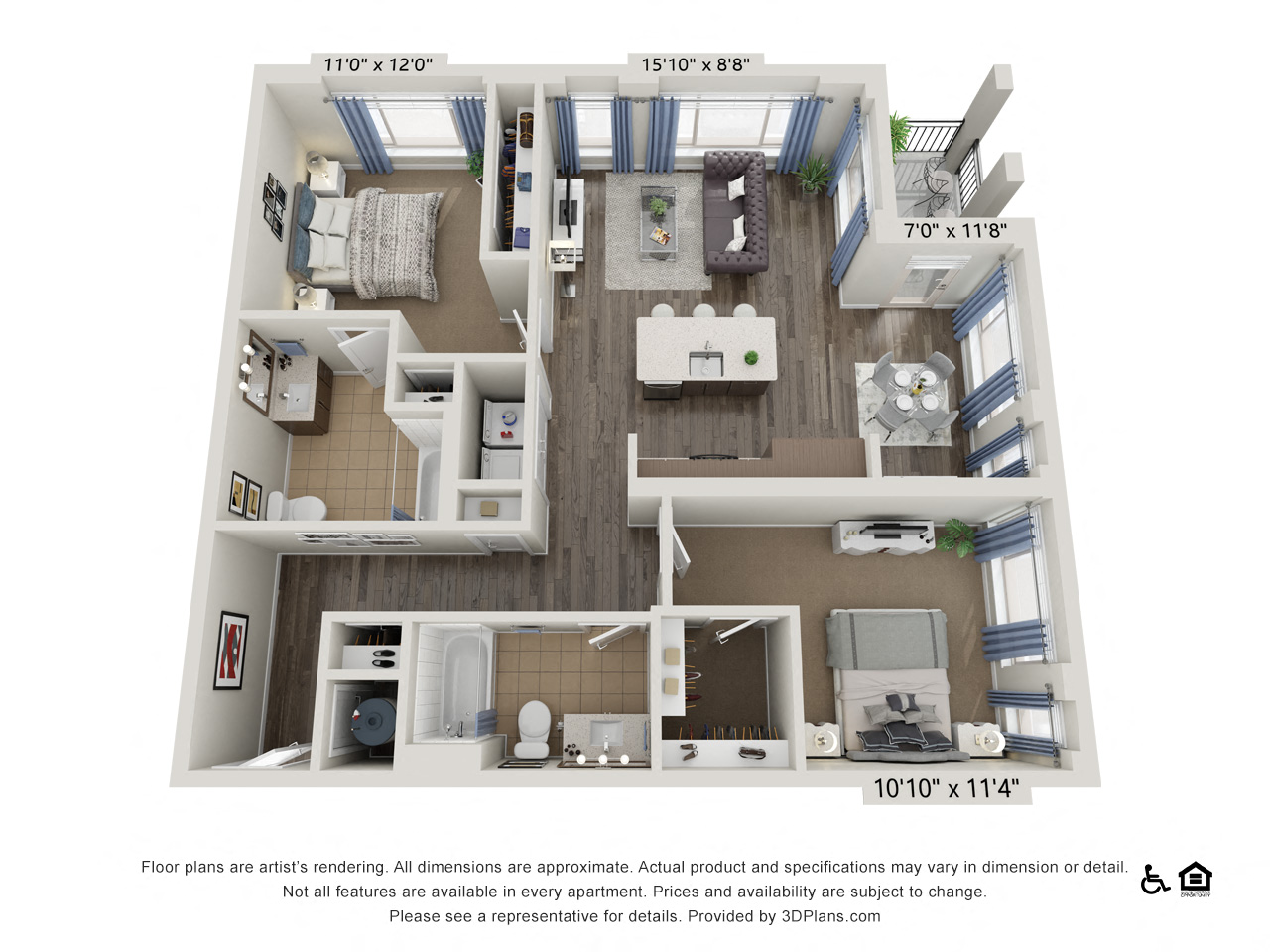Floor plan for 2 beds, 2 baths, 1122 sqft