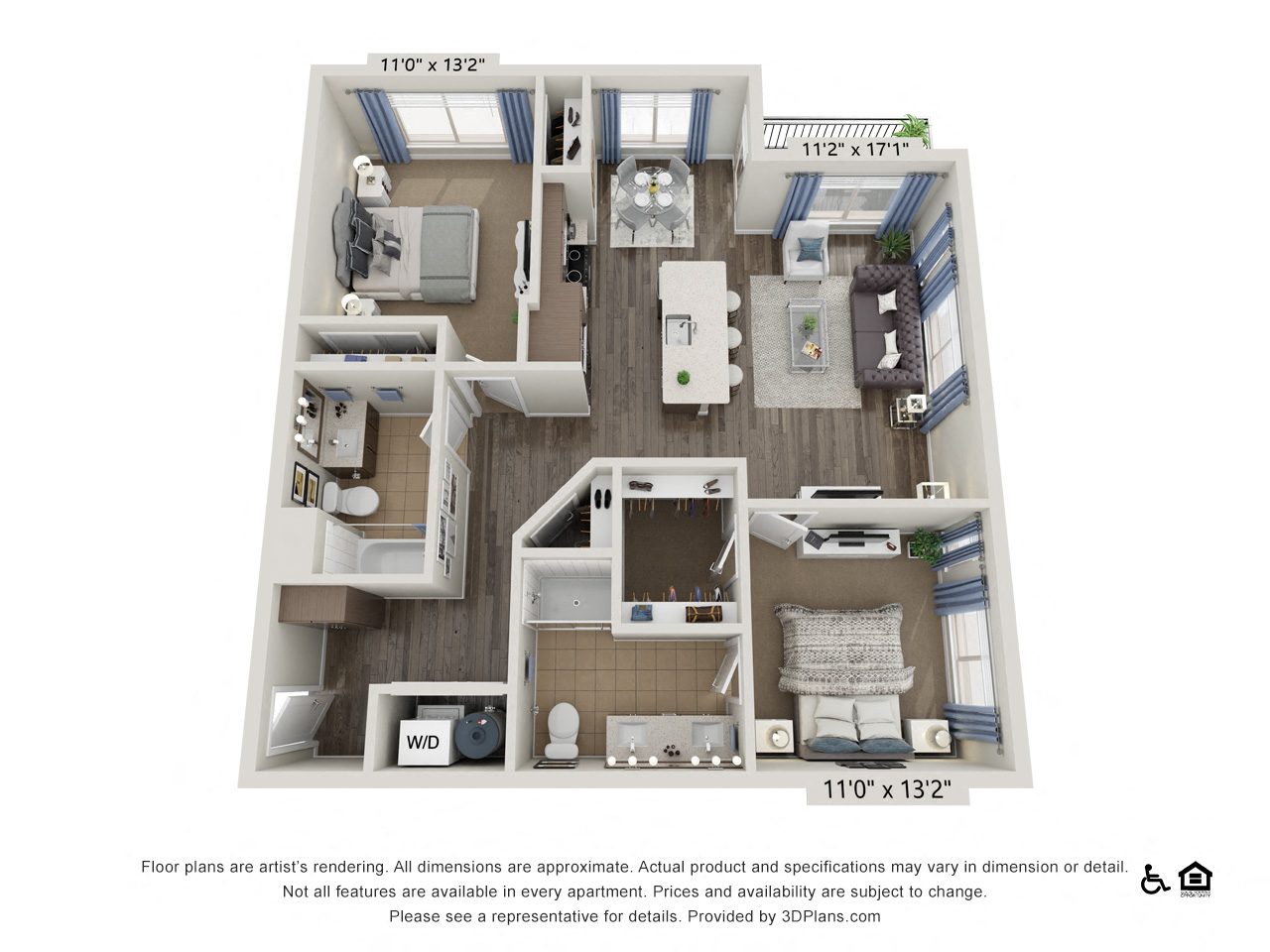 Floor plan for 2 beds, 2 baths, 1122 sqft