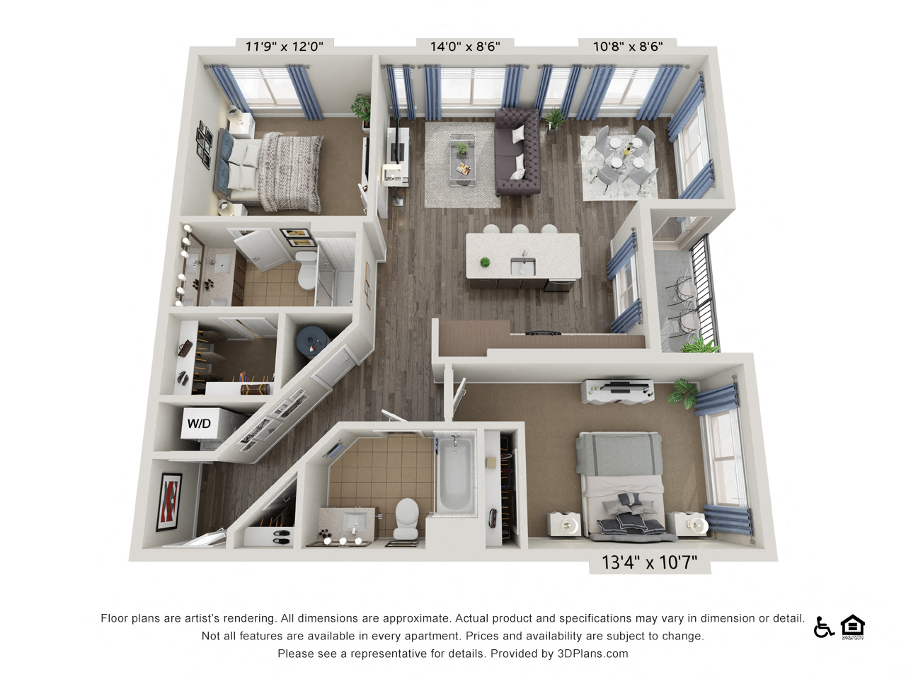 Floor plan for 2 beds, 2 baths, 1095 sqft