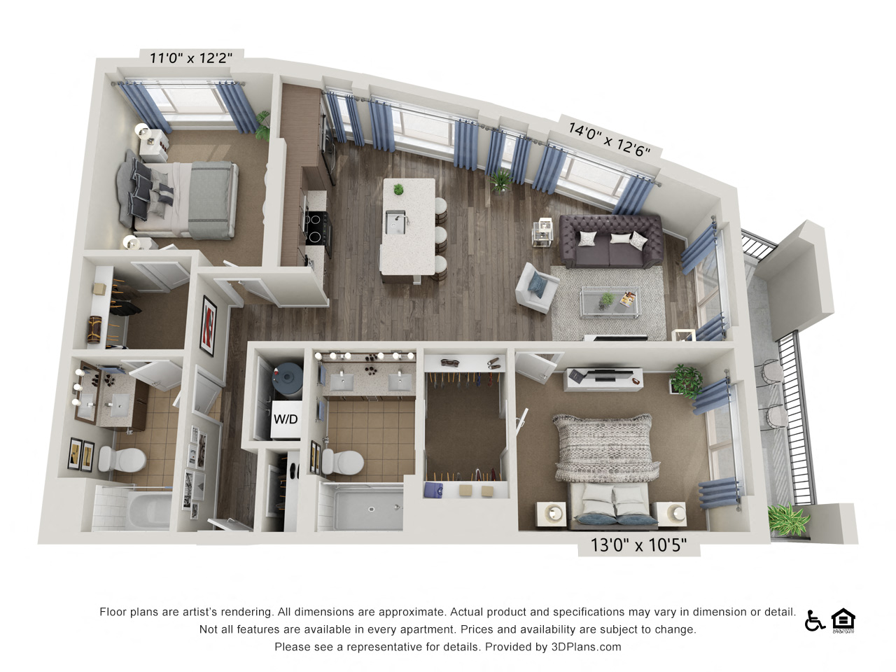 Floor plan for 2 beds, 2 baths, 1075 sqft