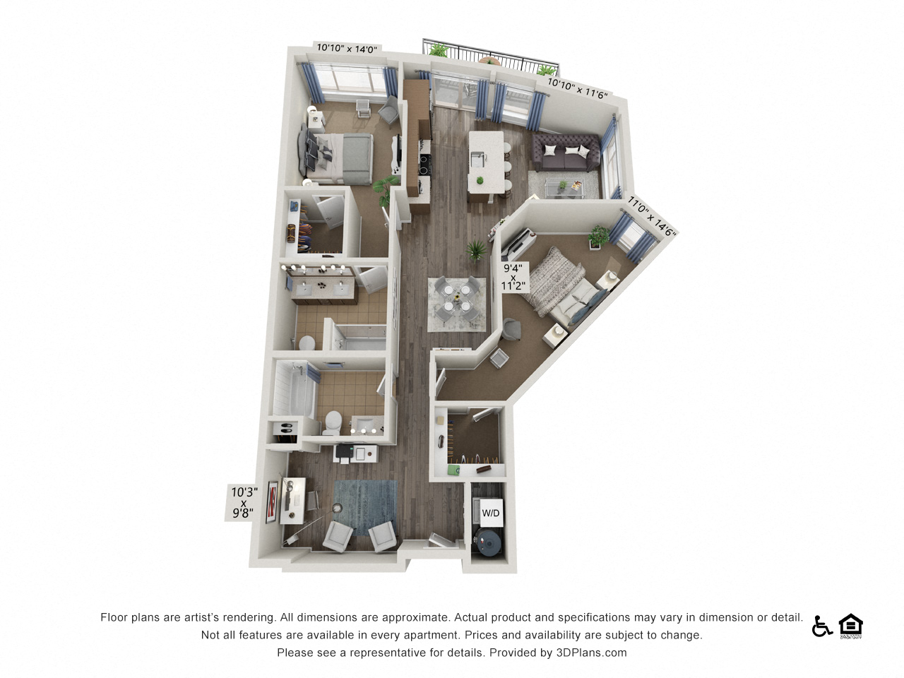 Floor plan for 2 beds, 2 baths, 1294 sqft