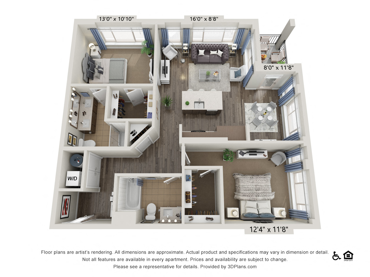 Floor plan for 2 beds, 2 baths, 1095 sqft
