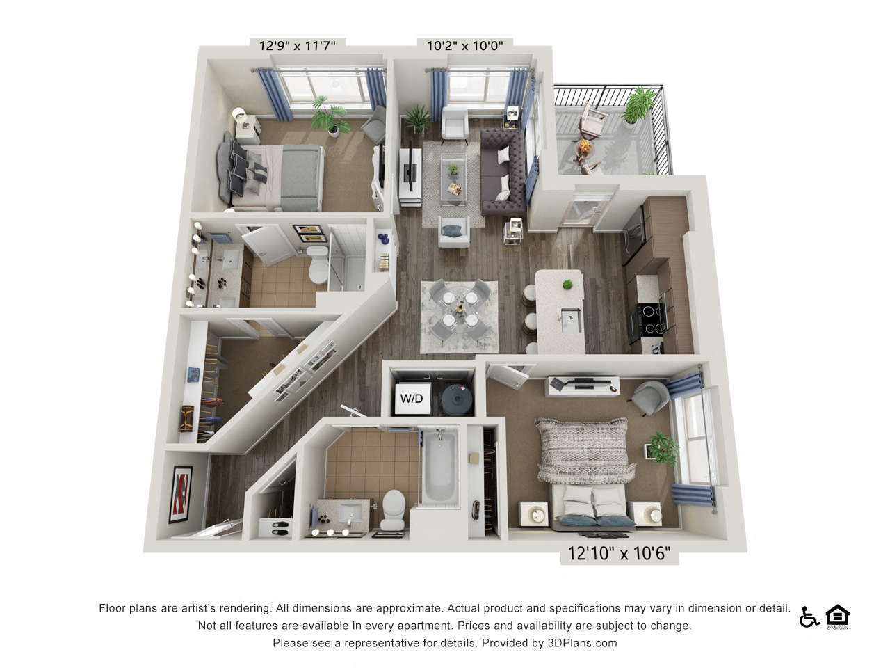 Floor plan for 2 beds, 2 baths, 1026 sqft