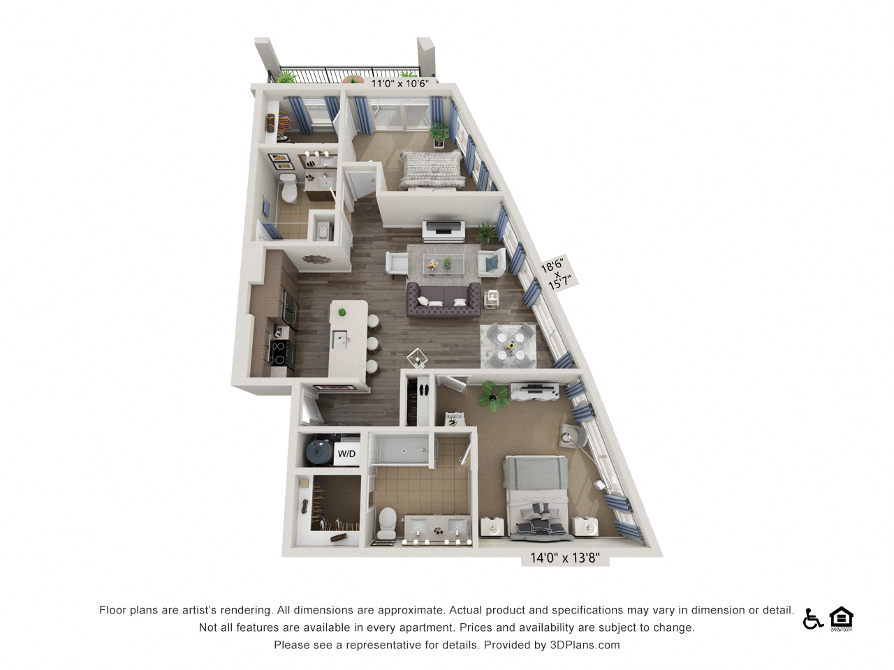 Floor plan for 2 beds, 2 baths, 1088 sqft