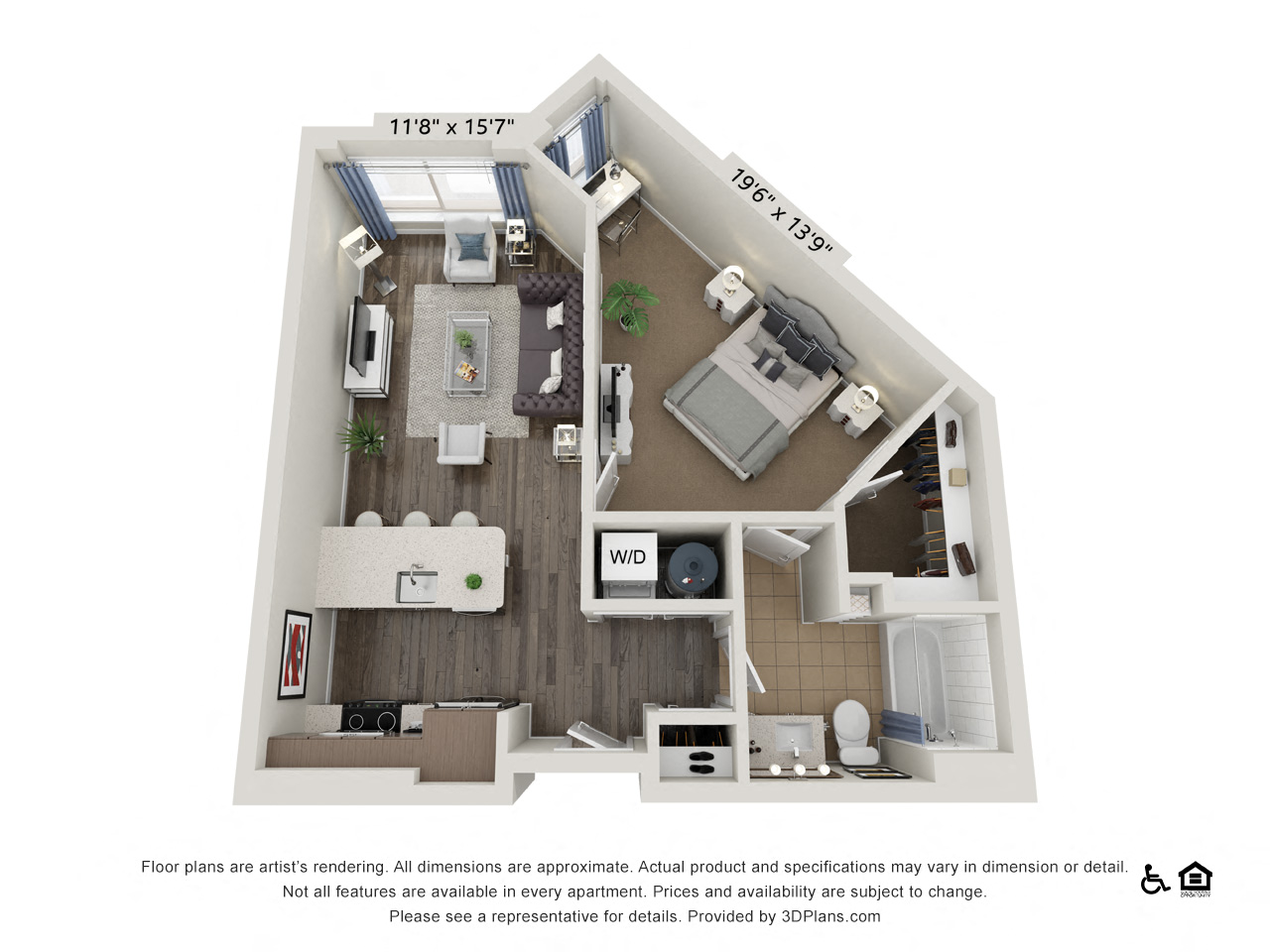 Floor plan for 1 bed, 1 bath, 676 sqft