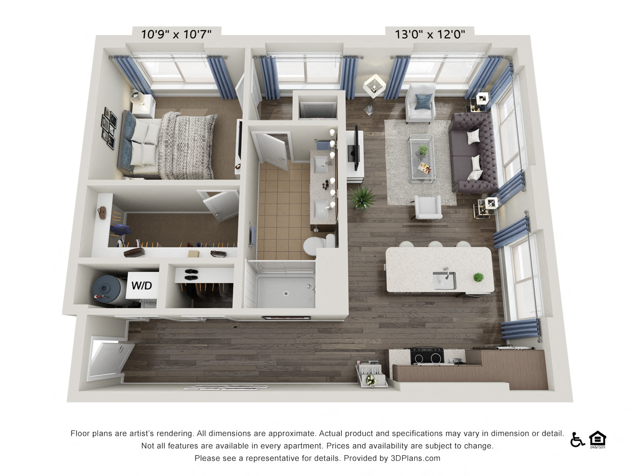 Floor plan for 1 bed, 1 bath, 724 sqft