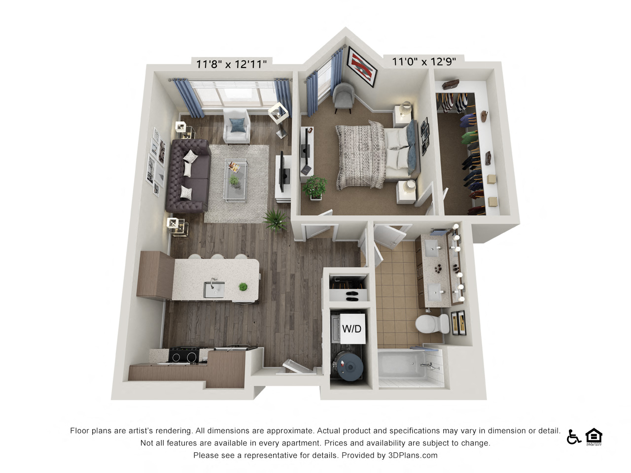 Floor plan for 1 bed, 1 bath, 782 sqft