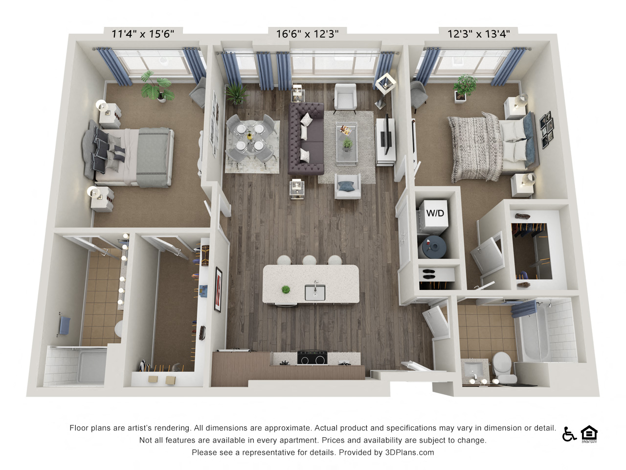 Floor plan for 2 beds, 2 baths, 1233 sqft