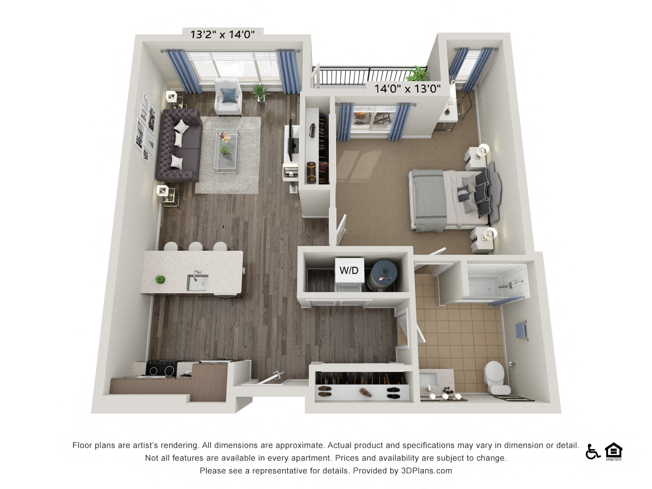 Floor plan for 1 bed, 1 bath, 866 sqft