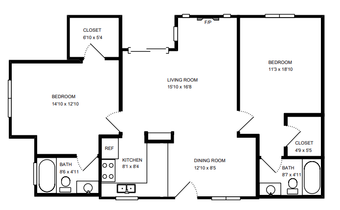 Floor plan for 2 beds, 2 baths, 930 sqft