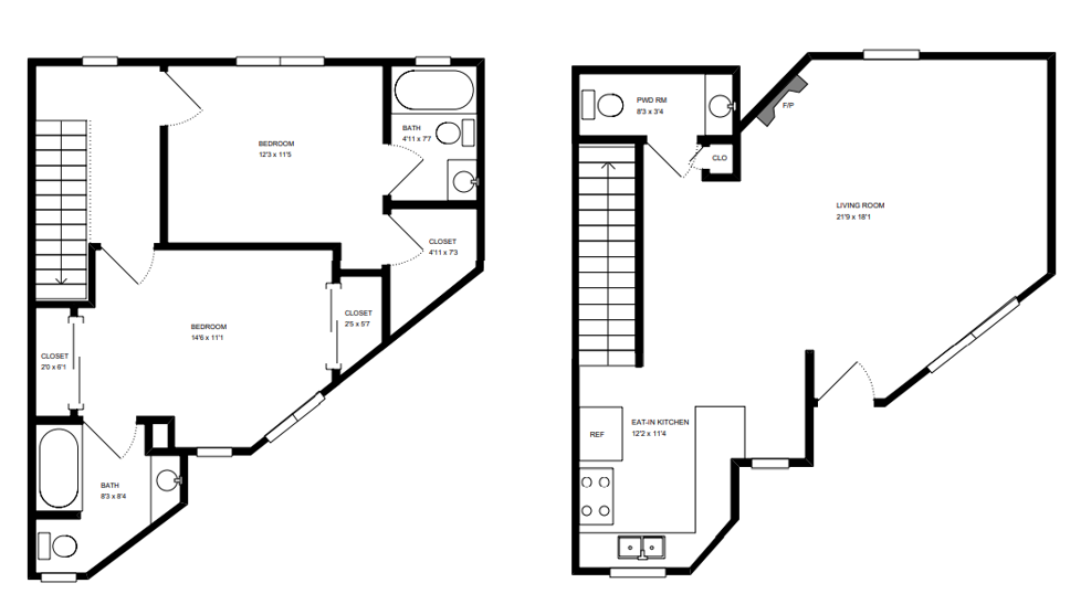 Floor plan for 2 beds, 2.5 baths, 1150 sqft