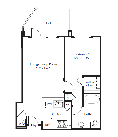 Floor plan for 1 bed, 1 bath, 802 sqft
