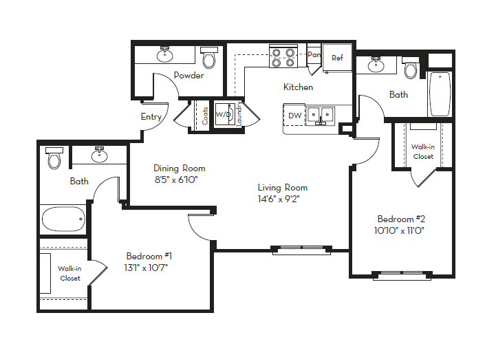 Floor plan for 2 beds, 2.5 baths, 1104 sqft