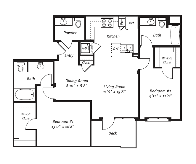 Floor plan for 2 beds, 2.5 baths, 1104 sqft