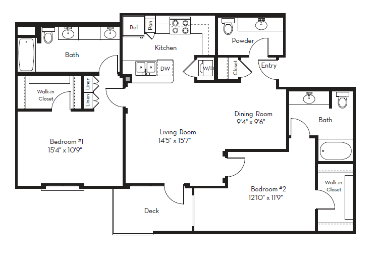 Floor plan for 2 beds, 2.5 baths, 1347 sqft