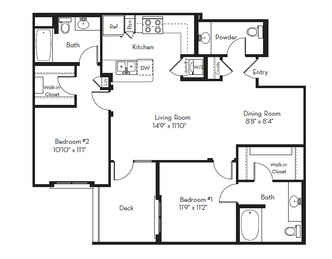 Floor plan for 2 beds, 2.5 baths, 1155 sqft